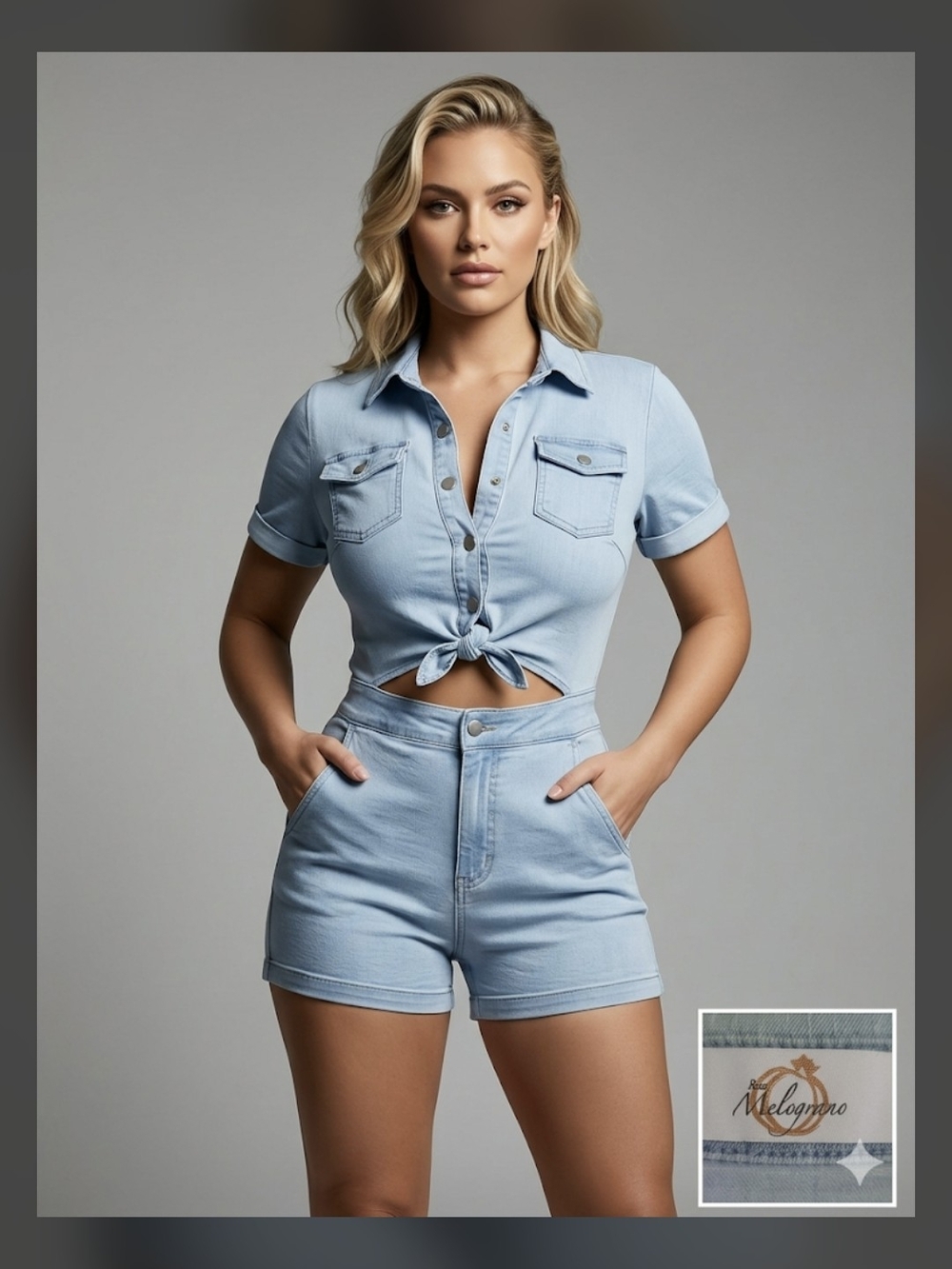 Light Wash Denim Tie-Front Crop Top & High-Waist Shorts Set Attached